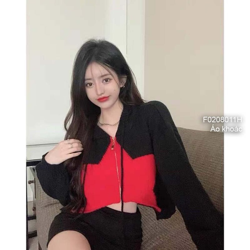 Áo khoác len croptop tay dài phối hình ngôi sao tay dài có nón