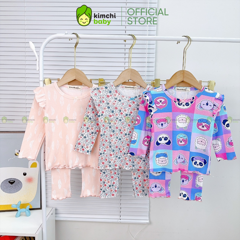 Đồ Bộ Dài Tay Bé Gái  KIMCHIBABY Vải Cotton Dư Xịn Hoạ Tiết Dễ Thương, Bộ Cánh Tiên Bèo Vai Cho Bé Mặc Thu Đông KCTD305