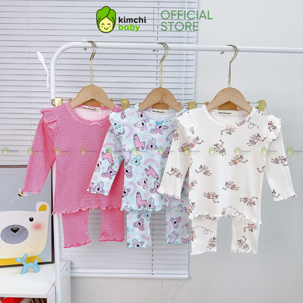 Đồ Bộ Dài Tay Bé Gái  KIMCHIBABY Vải Cotton Dư Xịn Hoạ Tiết Dễ Thương, Bộ Cánh Tiên Bèo Vai Cho Bé Mặc Thu Đông KCTD305