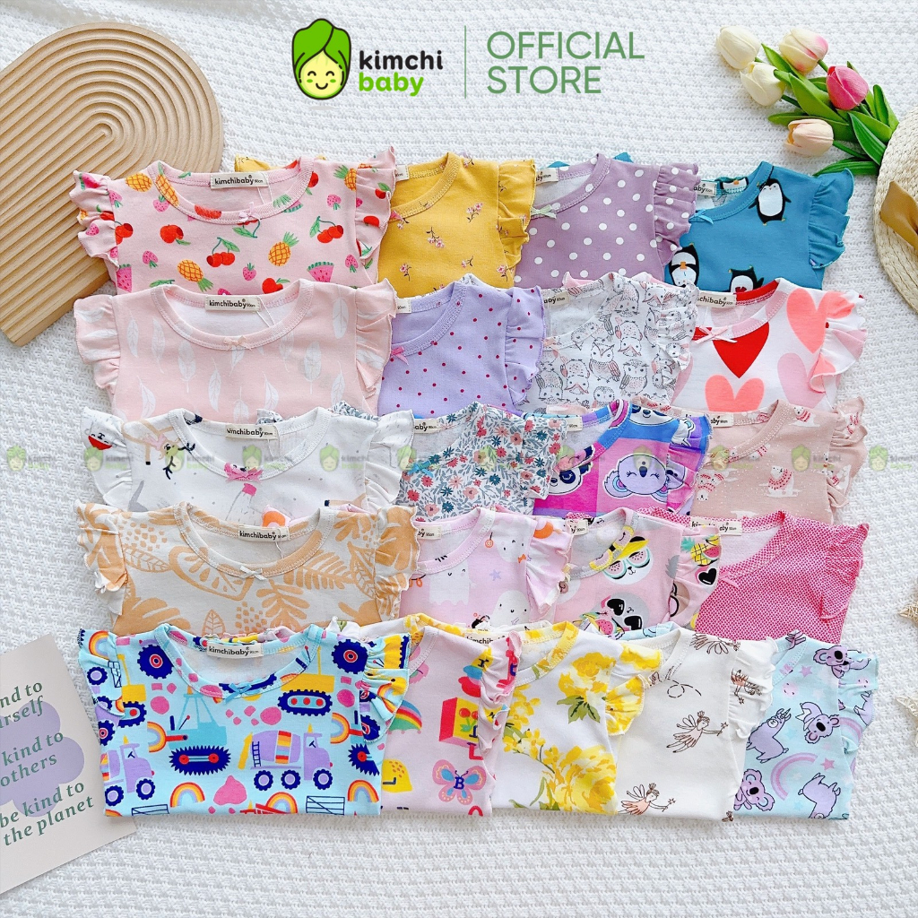 Đồ Bộ Dài Tay Bé Gái  KIMCHIBABY Vải Cotton Dư Xịn Hoạ Tiết Dễ Thương, Bộ Cánh Tiên Bèo Vai Cho Bé Mặc Thu Đông KCTD305