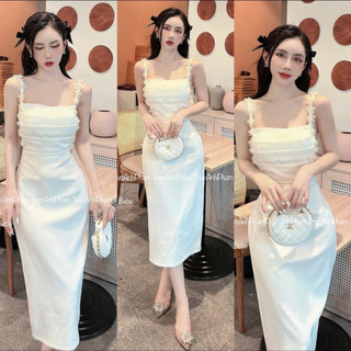 VÁY LỤA 2 DÂY ĐÍNH HOA VOAN PHÓI LƯỚI BÊN HONG 030823