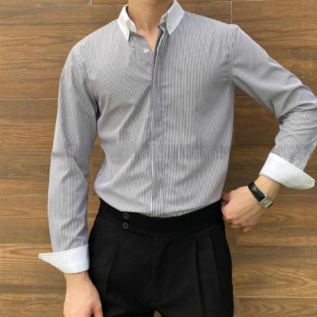 Áo sơ mi nam Klay Store dài tay kẻ sọc  nẹp ẩn chuẩn form - vải co giãn nhẹ chống nhăn