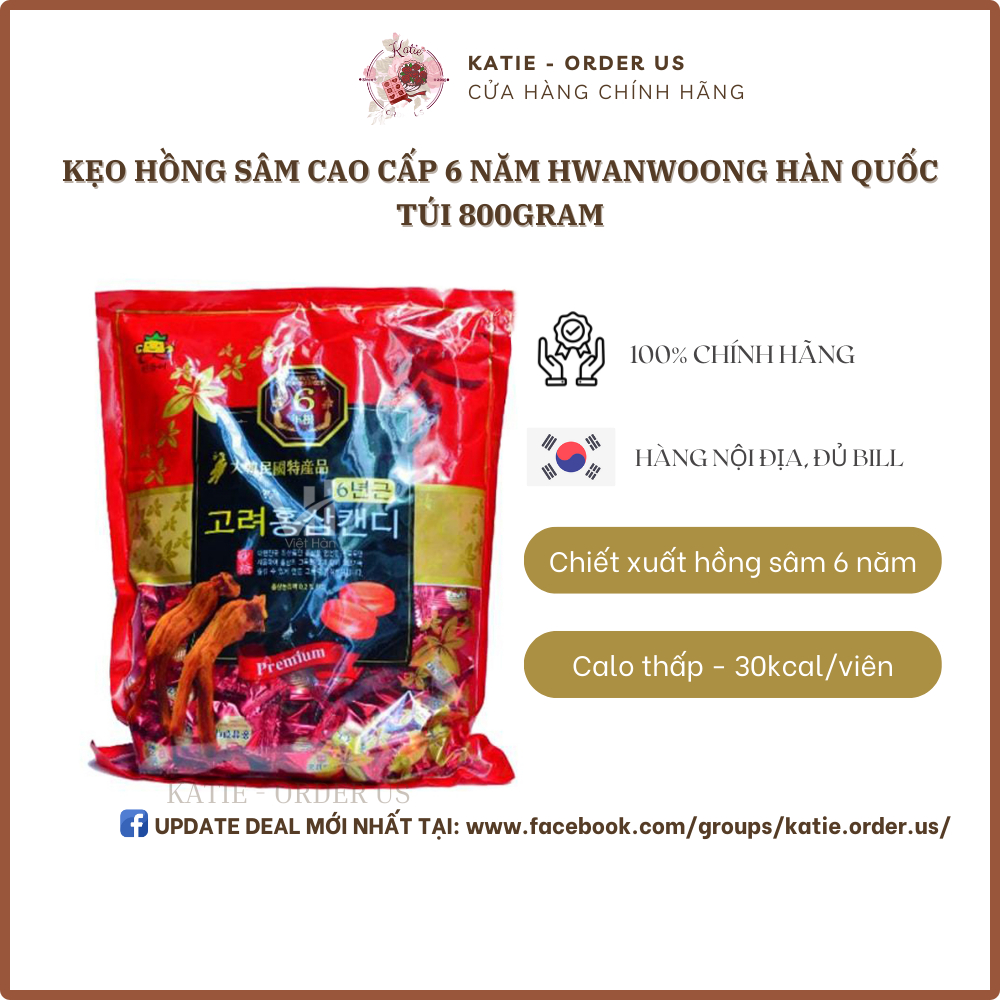 Kẹo hồng sâm Hàn Quốc cao cấp 6 năm Hwanwoong 800gram - đủ bill mua tại Hàn