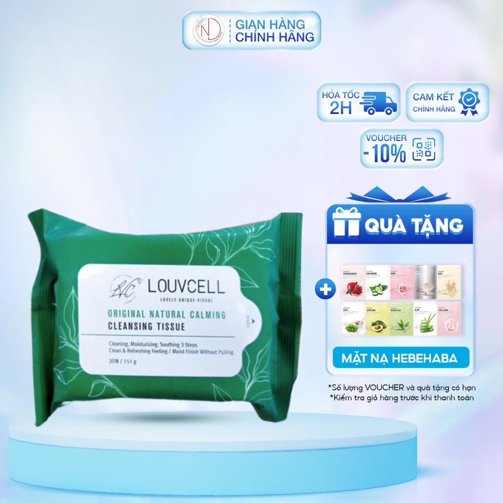 Khăn ướt tẩy trang tác động kép Louv Cell Original Natural Calming Cleansing Tissue 30 tờ