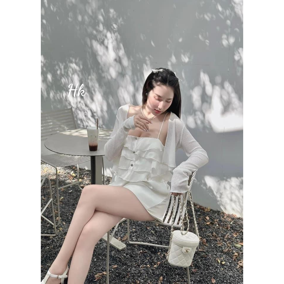 Set 3 món áo cardigan thun gân kết hợp quần takta và áo tơ 4 tầng 2 dây cực xinh xắn - Thời Trang Bảo Trang - Hk8.5