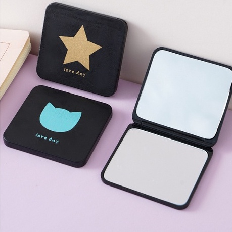 Gương trang điểm gấp gọn mini 2 mặt thường và phóng to màu đen vỏ nhám 7*6.5cm   Clovershop68