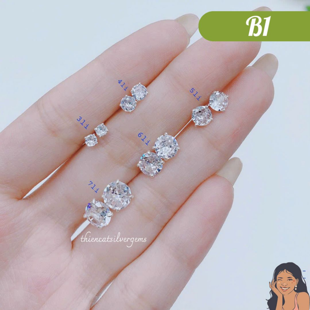 B1 Bông tai nụ solitaire tròn chấu thường Bạc thật Thiên Cát s950