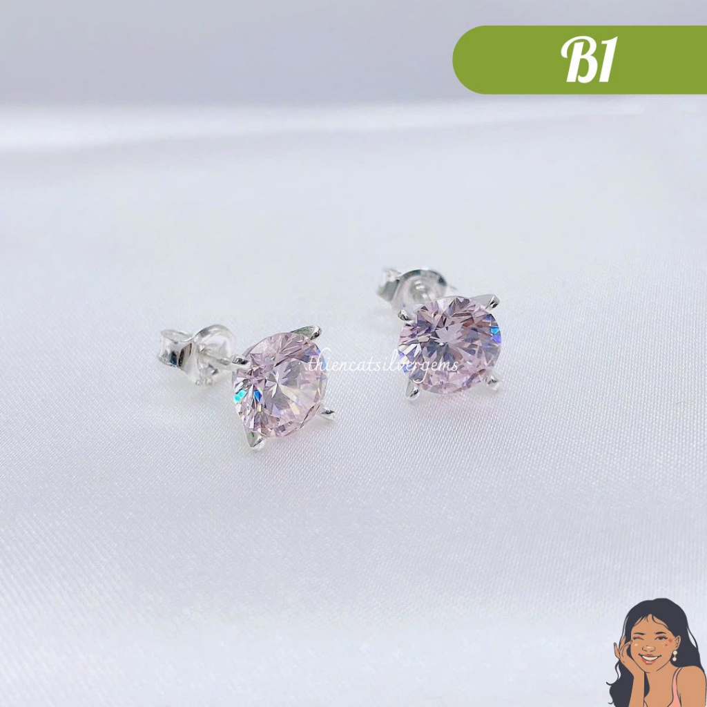 B1 Bông tai nụ solitaire tròn chấu thường Bạc thật Thiên Cát s950