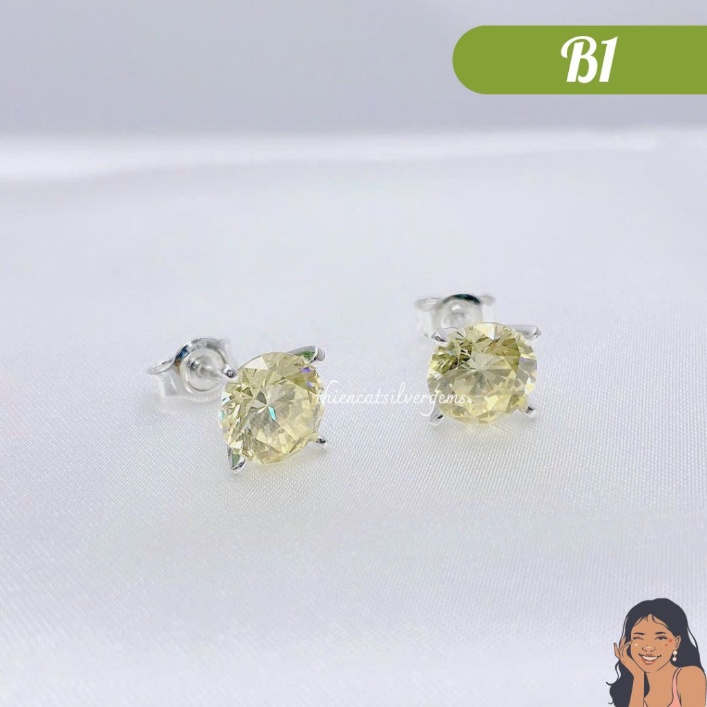 B1 Bông tai nụ solitaire tròn chấu thường Bạc thật Thiên Cát s950