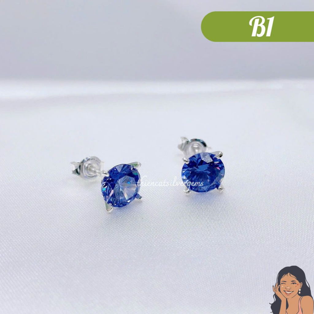 B1 Bông tai nụ solitaire tròn chấu thường Bạc thật Thiên Cát s950