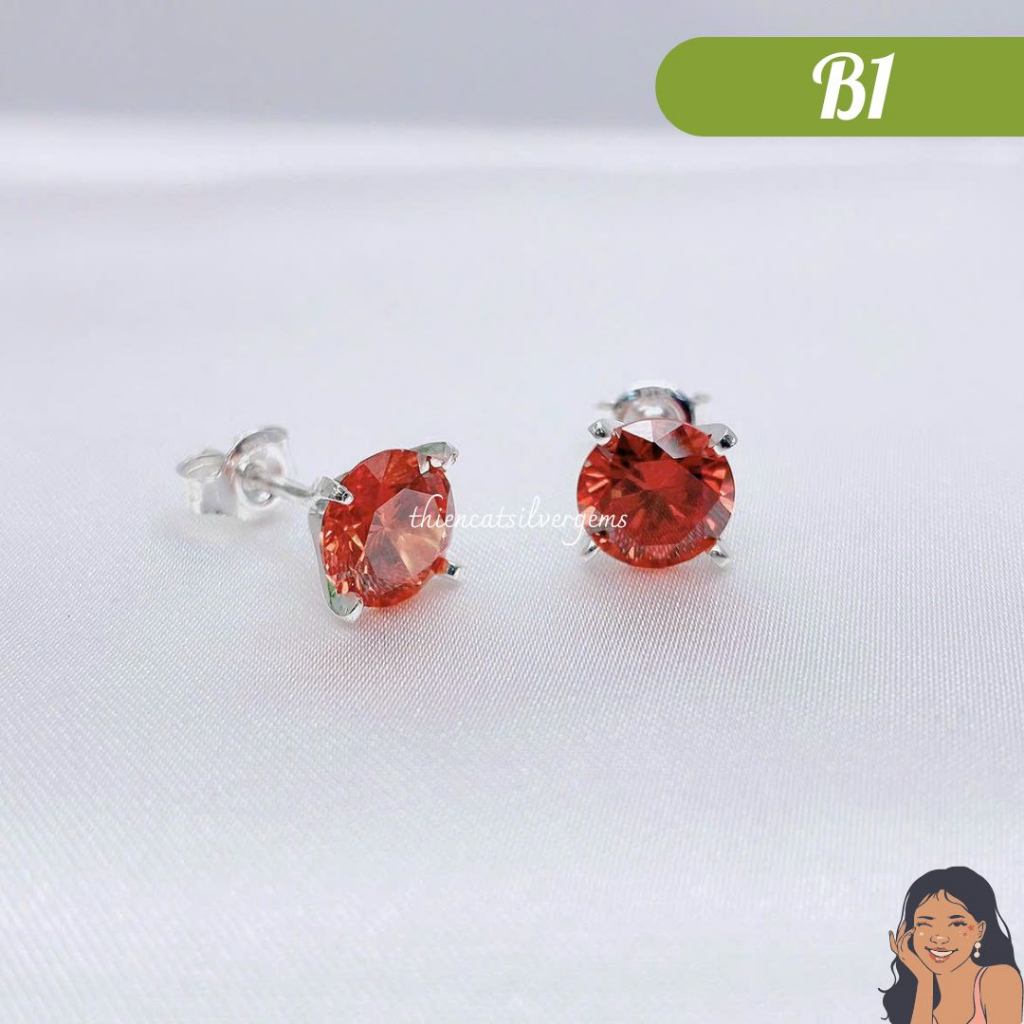 B1 Bông tai nụ solitaire tròn chấu thường Bạc thật Thiên Cát s950