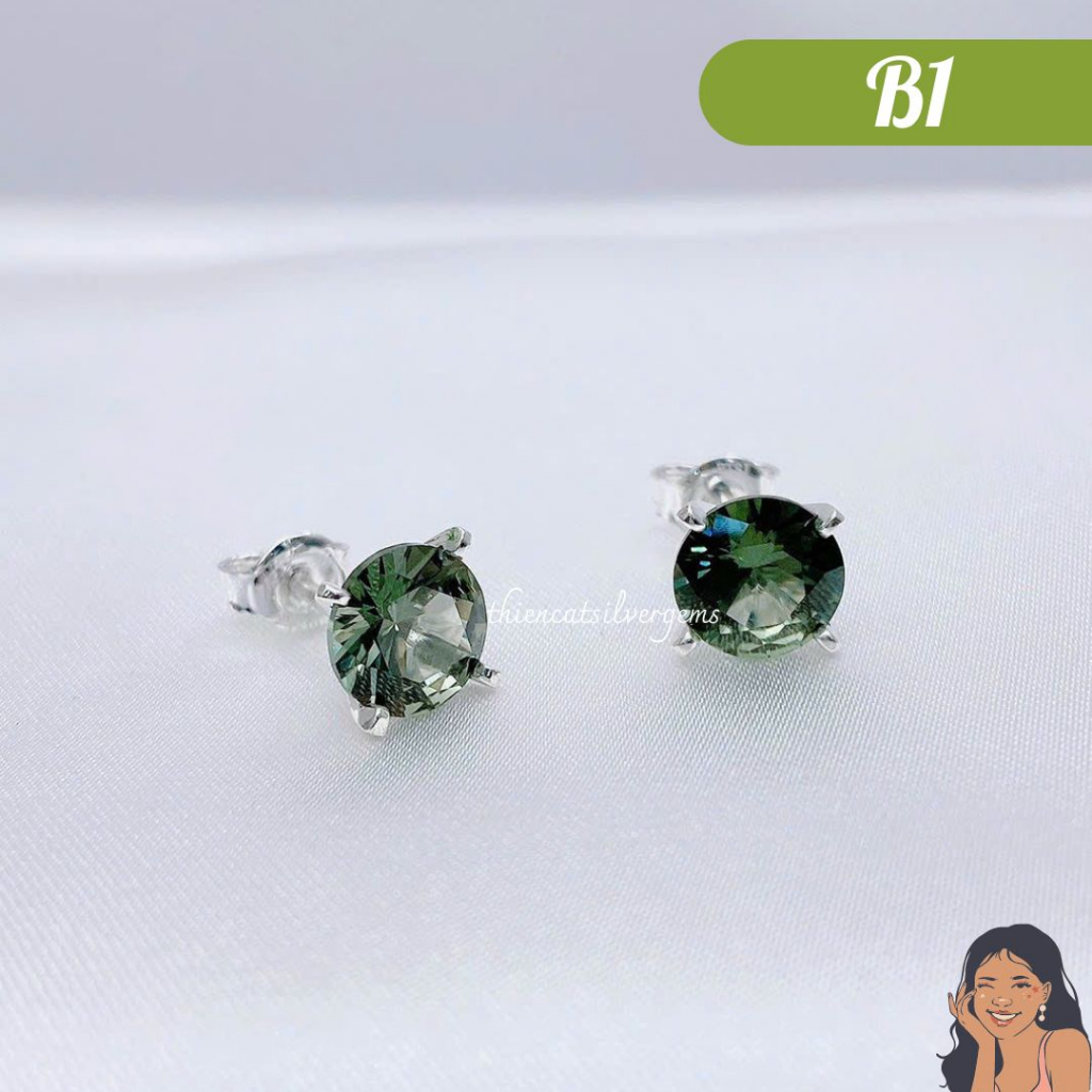B1 Bông tai nụ solitaire tròn chấu thường Bạc thật Thiên Cát s950