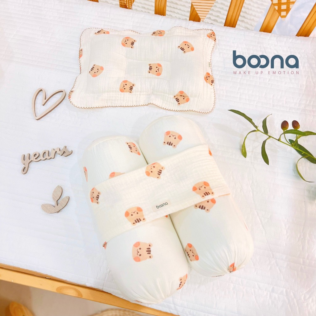 Combo Bộ Gối +  Chặn Xô Sơ Sinh Boona Xô Muslin Ruột Bông Tự Nhiên Siêu Mềm Mại Chống Giật Mình Cho Bé