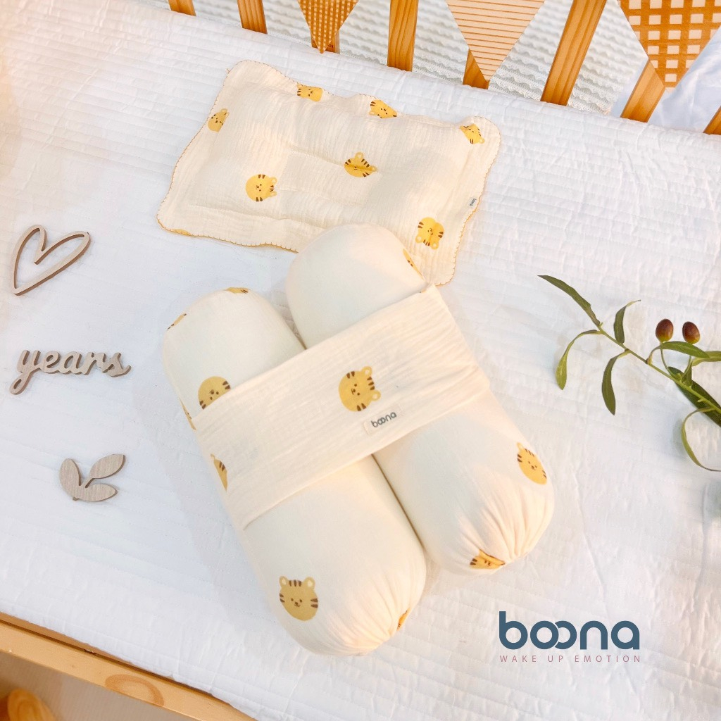 Combo Bộ Gối +  Chặn Xô Sơ Sinh Boona Xô Muslin Ruột Bông Tự Nhiên Siêu Mềm Mại Chống Giật Mình Cho Bé