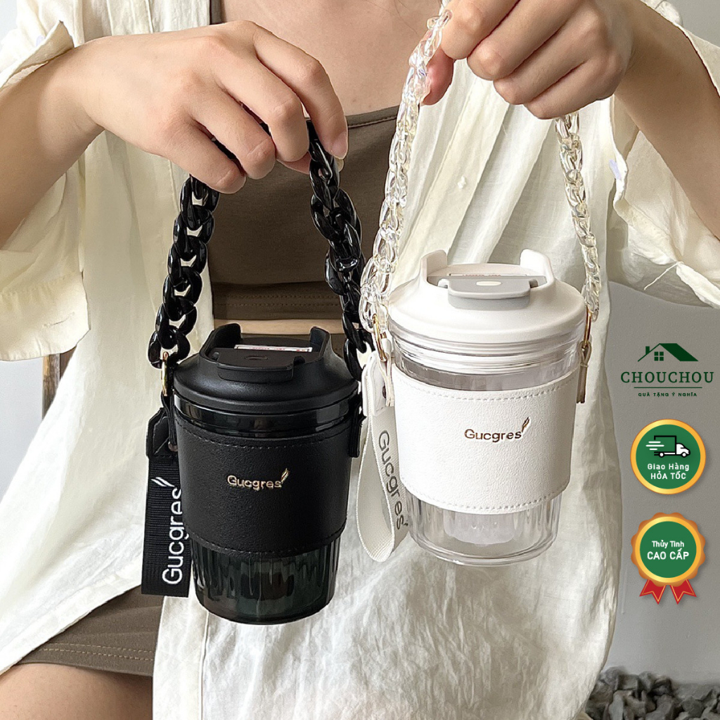 [Miễn Phí Khắc Tên]Cốc Bao Da Chouchou Có Nắp Và Quai Xách Đi Kèm Cute Xỉu 420 Ml