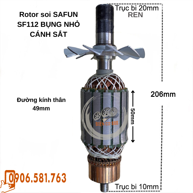 Rotor soi SAFUN SF112 SF121 SF126 Thân 49mm Dài 206mm Cánh sắt dây đồng 220V - Tặng chổi than