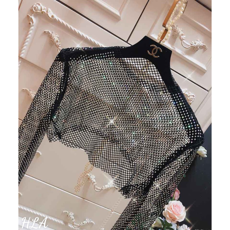 Áo lưới croptop đính đá dài tay