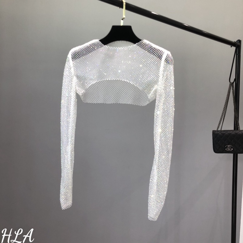 Áo lưới croptop đính đá dài tay