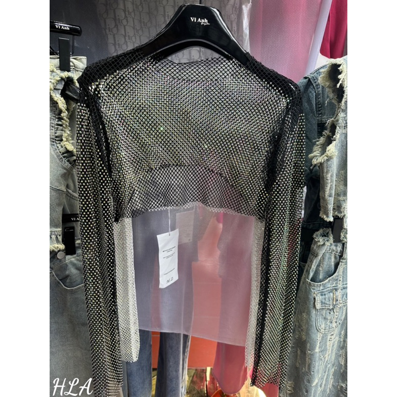 Áo lưới croptop đính đá dài tay