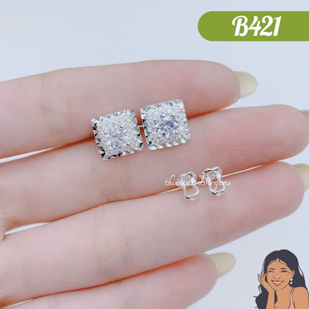 B421 Bông tai nụ Halo vuông 5li tráng gương đa sắc Bạc thật Thiên Cát s950