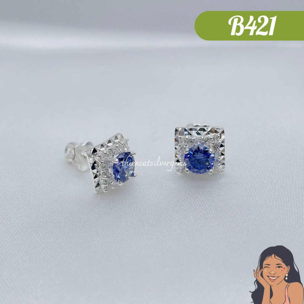 B421 Bông tai nụ Halo vuông 5li tráng gương đa sắc Bạc thật Thiên Cát s950