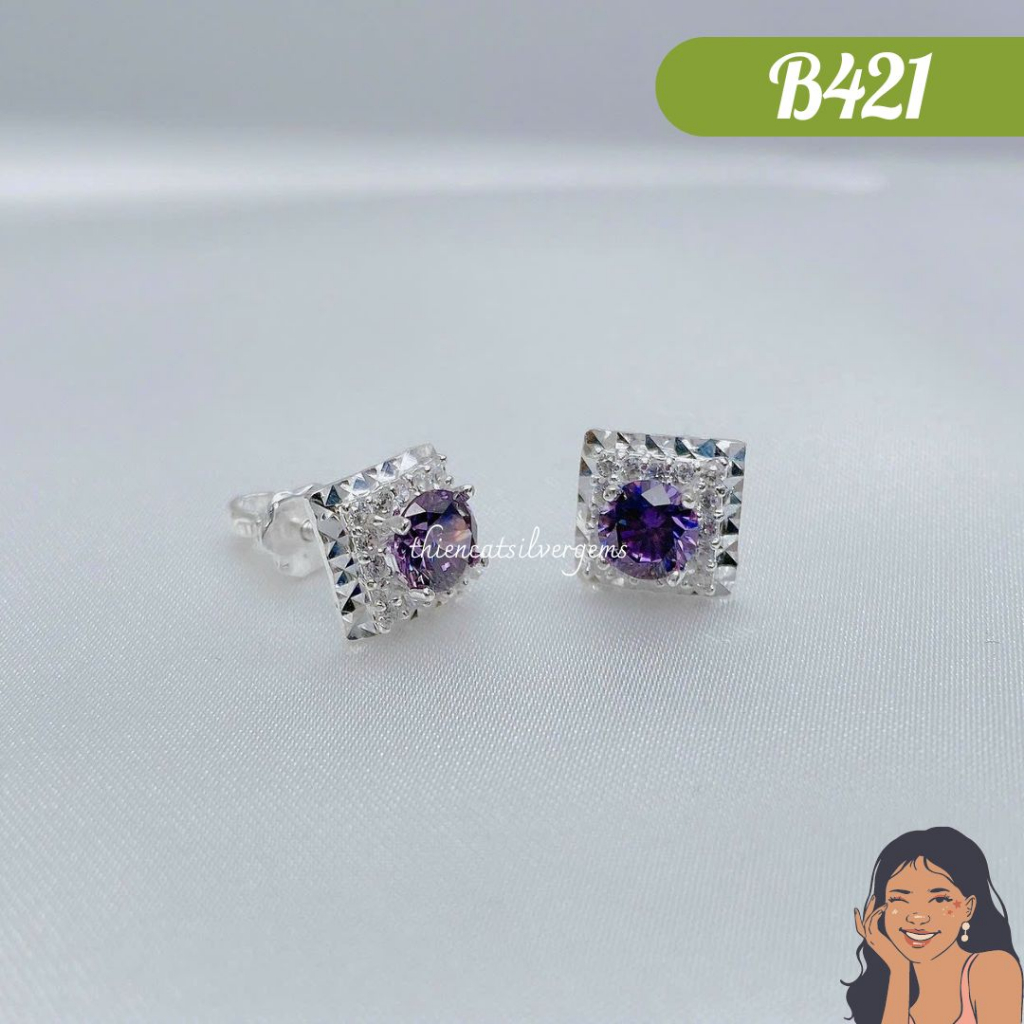 B421 Bông tai nụ Halo vuông 5li tráng gương đa sắc Bạc thật Thiên Cát s950