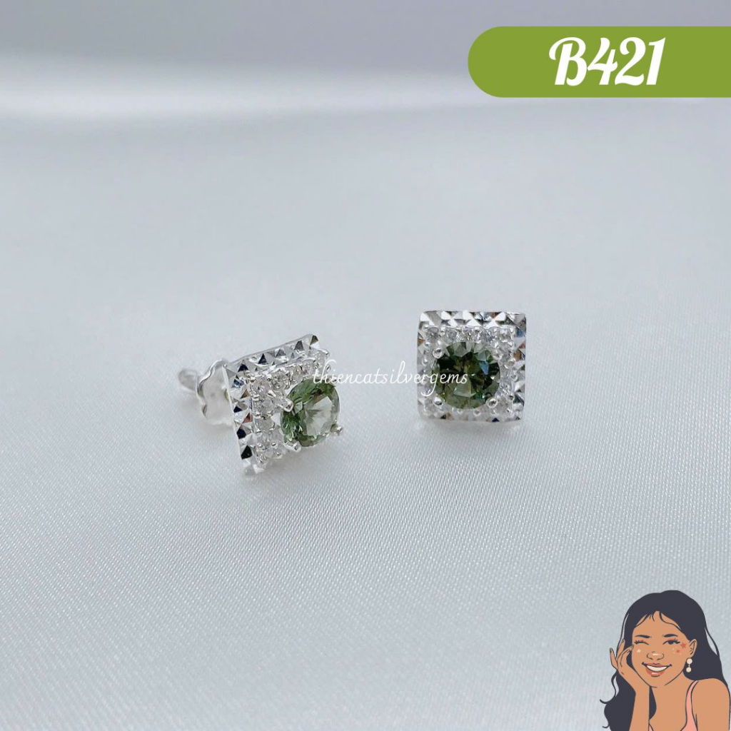 B421 Bông tai nụ Halo vuông 5li tráng gương đa sắc Bạc thật Thiên Cát s950