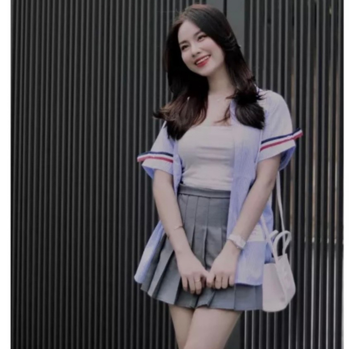 Áo Sơ Mi Nữ Kẻ Xanh Ngắn Tay Thom Browne Vải Cotton Lụa Cao Cấp Dễ Phối Đồ
