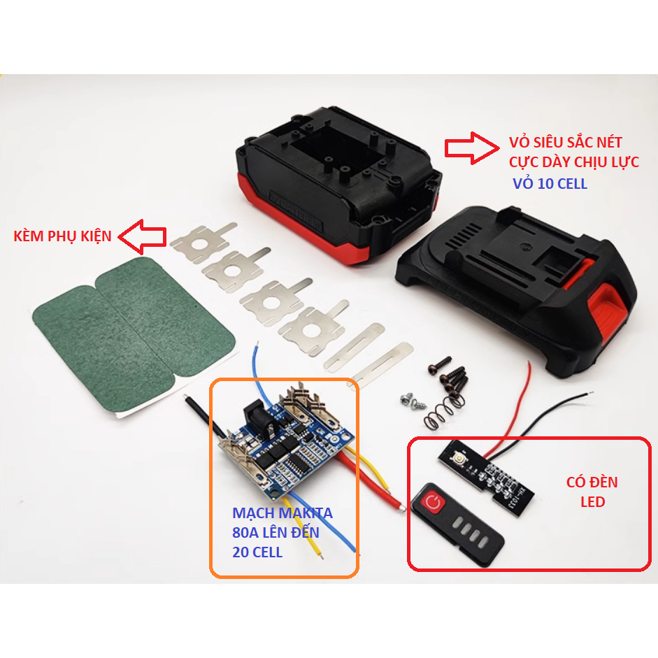 Bộ vỏ PIN chuẩn Makitaa thông dụng 15 cell kèm mạch 5S 80A có đèn LED
