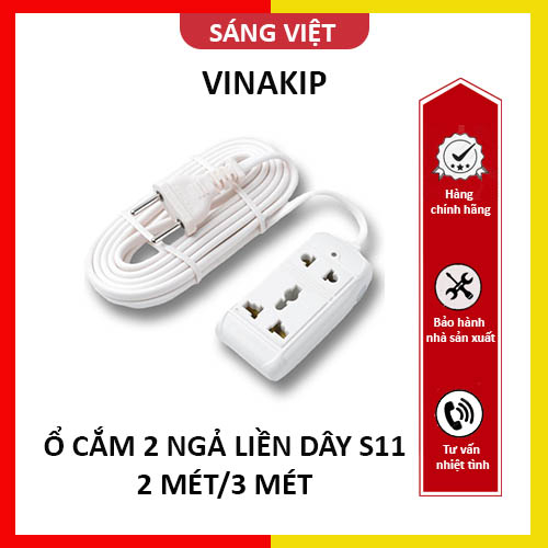 Ổ cắm điện Vinakip 2 ngả liền dây S11 dây 2m - 3m, 10A 250V 2 chấu, 3 chấu đa năng