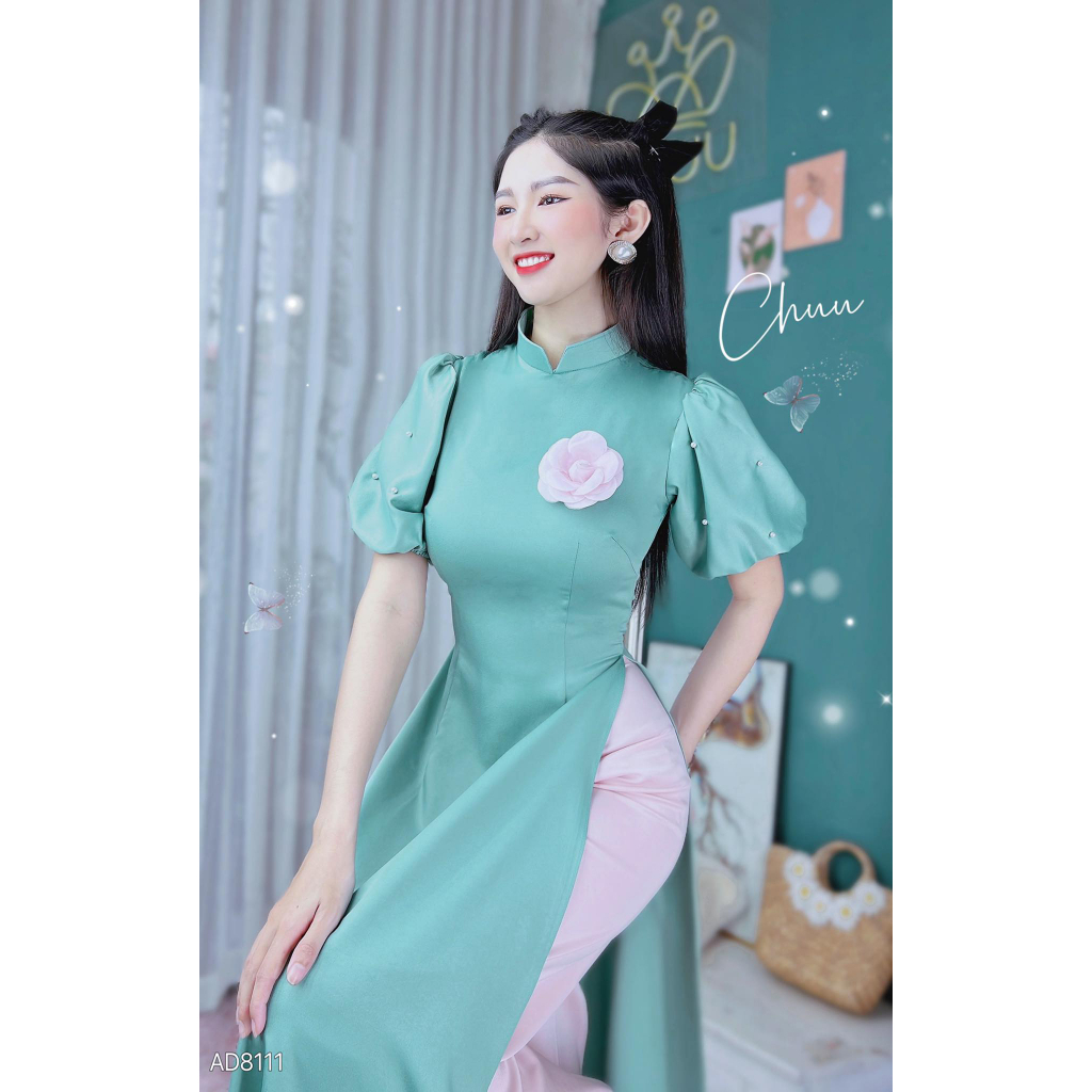 Áo dài truyền thống nữ trơn tay bồng đính ngọc tà dài 136 CHUU AD8111 - không kèm quần