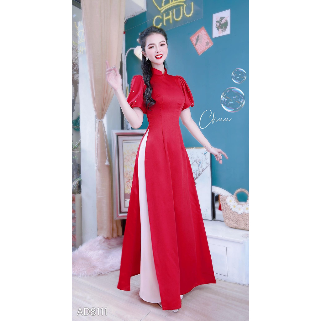 Áo dài truyền thống nữ trơn tay bồng đính ngọc tà dài 136 CHUU AD8111 - không kèm quần