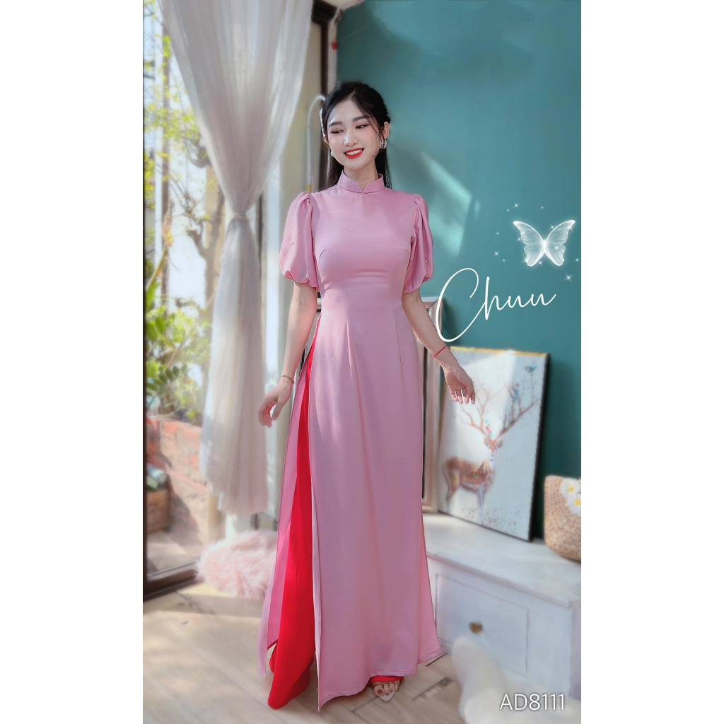 Áo dài truyền thống nữ trơn tay bồng đính ngọc tà dài 136 CHUU AD8111 - không kèm quần