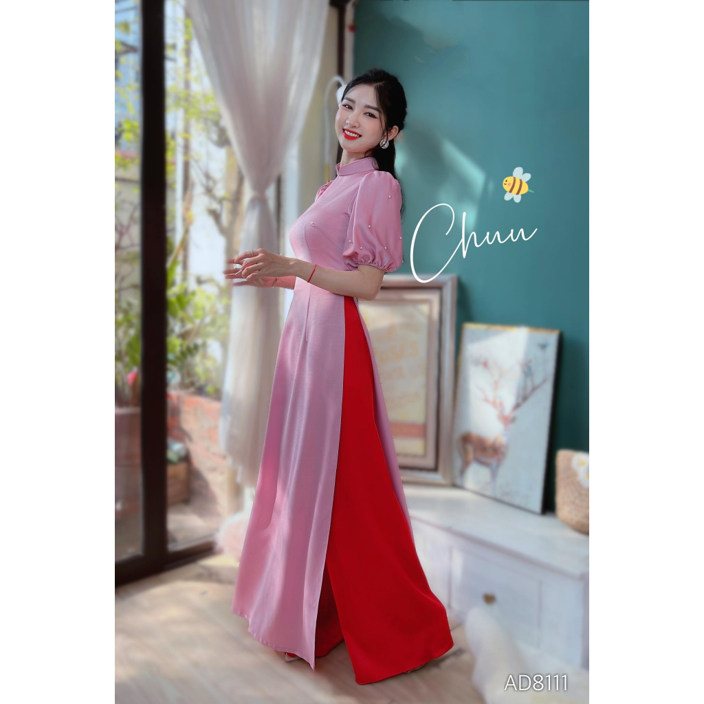 Áo dài truyền thống nữ trơn tay bồng đính ngọc tà dài 136 CHUU AD8111 - không kèm quần