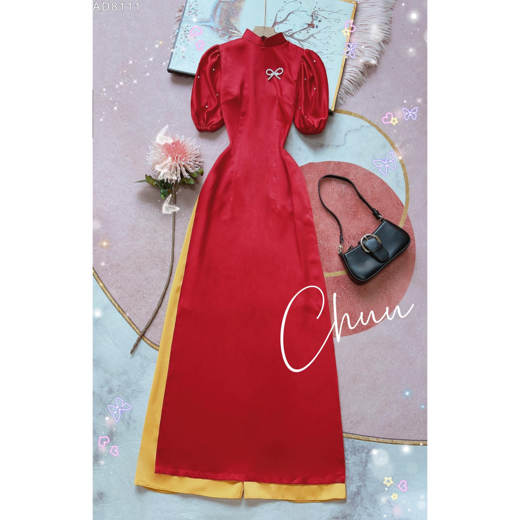 Áo dài truyền thống nữ trơn tay bồng đính ngọc tà dài 136 CHUU AD8111 - không kèm quần