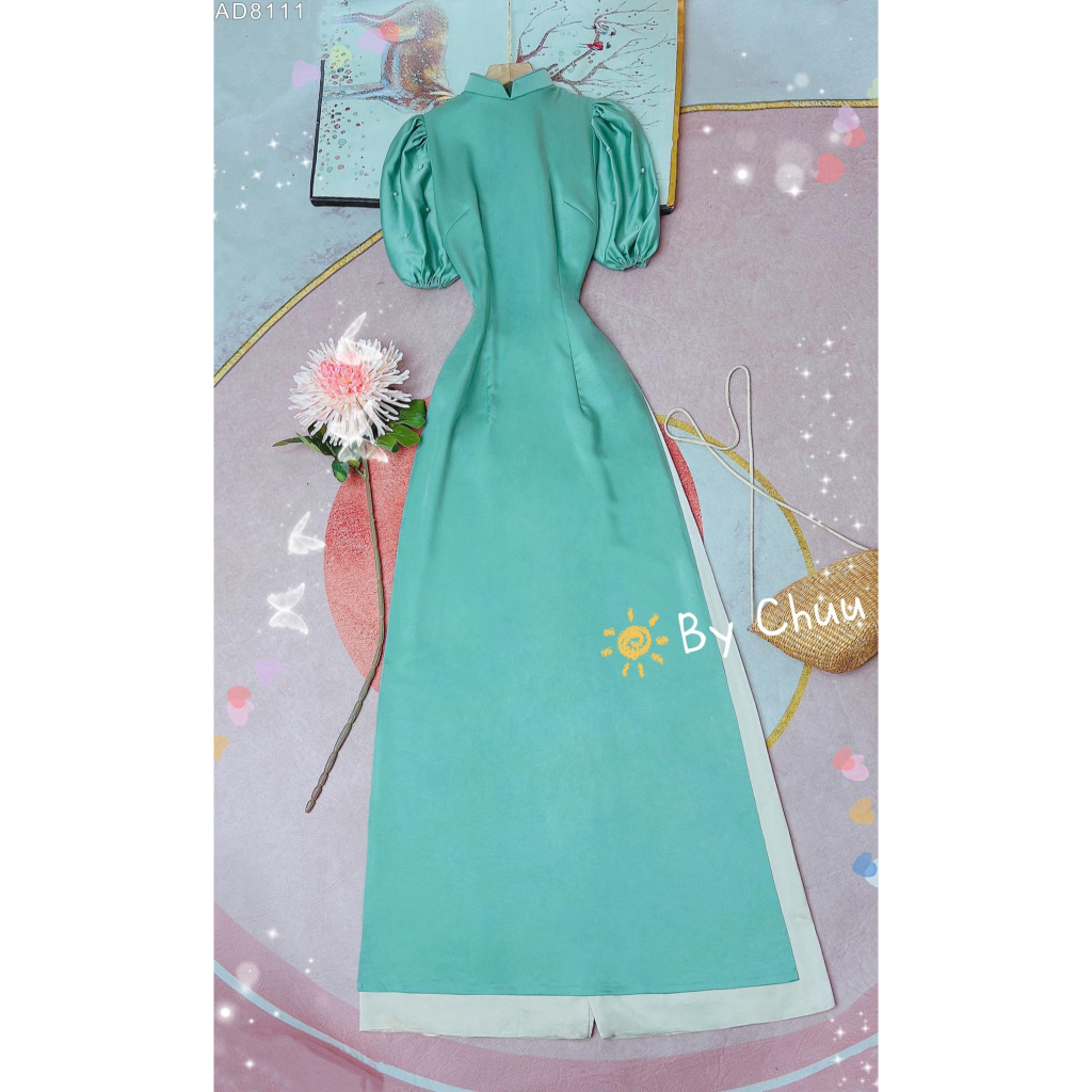 Áo dài truyền thống nữ trơn tay bồng đính ngọc tà dài 136 CHUU AD8111 - không kèm quần
