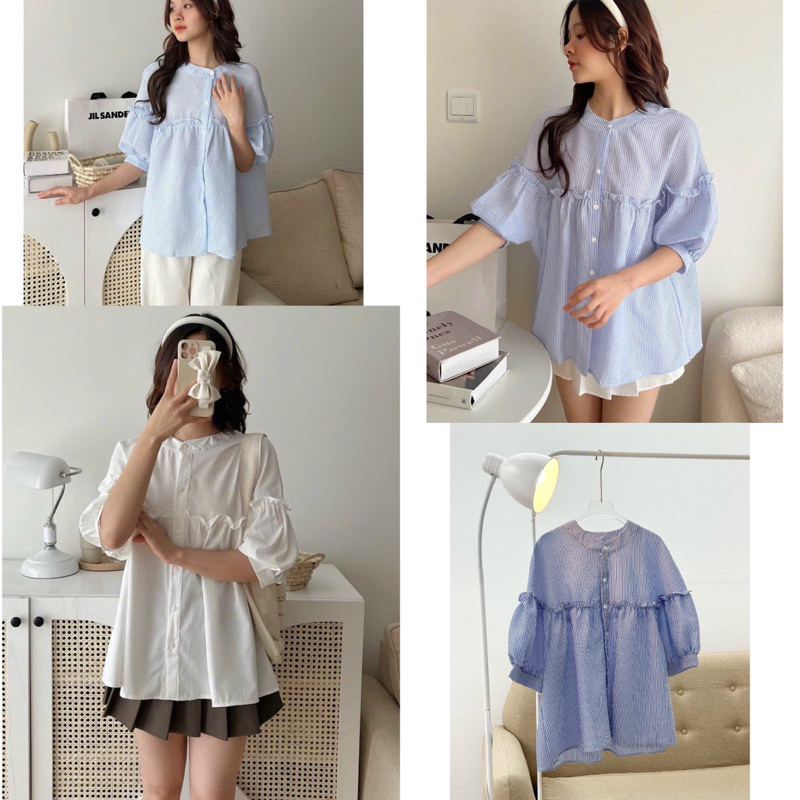 🌿 Áo sơmi nữ baby doll tay lỡ bồng nhẹ form rộng viền bèo 🌿