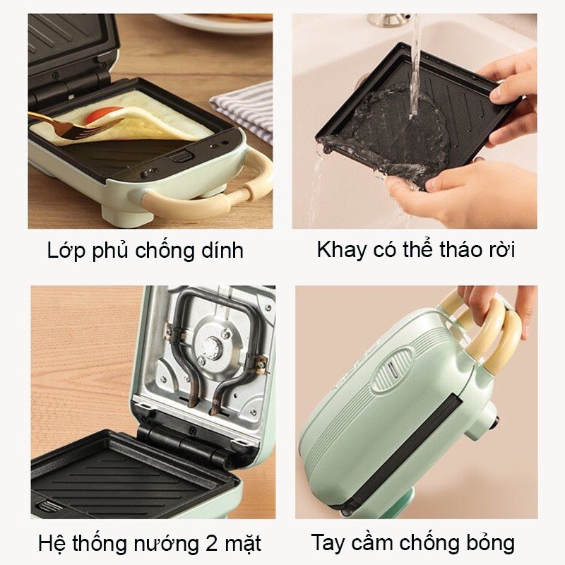 Máy nướng bánh mì mini làm đồ ăn sáng - Máy kẹp nướng bánh mì làm bánh kèm khuôn thiết kế chống bỏng