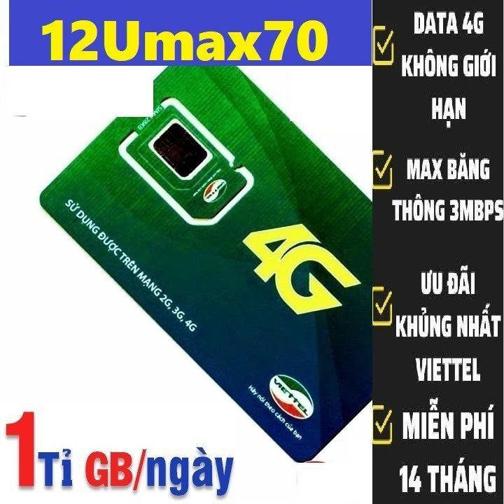 Sim 4G Viettel Gói 12UMAX70 Tặng Data Free Truy Cập Mạng, Sim Trọn Gói 1 Năm Không Mất Phí