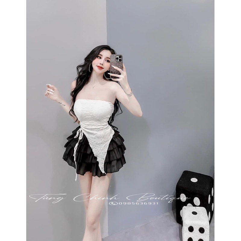 Set Áo Dây Croptop Thun Nhún Tà Xéo Vạt Nhọn RÚT SƯỜN + Quần Short Tơ Tầng Lưng Chun