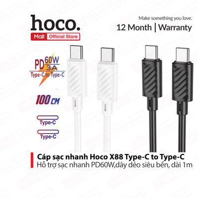 Cáp sạc nhanh PD60W TypeC to TypeC Hoco X88 dây dẻo TPE cao cấp dài 1M