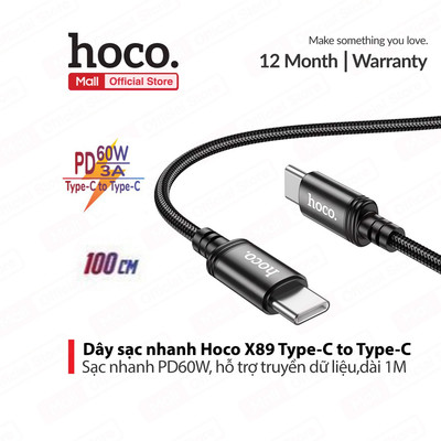 Cáp sạc sạc nhanh Hoco X89 TypeC to TypeC PD60W hỗ trợ truyền dữ liệu, dây bọc dù chống đứt dài 100CM