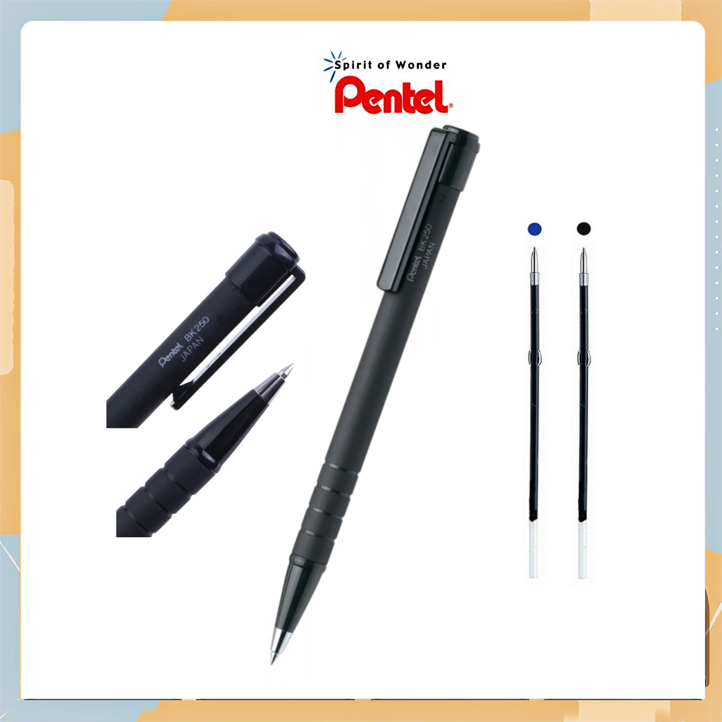 Hộp 12 Chiếc Bút Bi Bấm Pentel BK250 Ngòi 0.7mm | Mực Êm Trơn | Vỏ Đen Cao Su Sang Trọng | Mực Đen