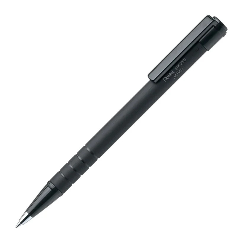 Hộp 12 Chiếc Bút Bi Bấm Pentel BK250 Ngòi 0.7mm | Mực Êm Trơn | Vỏ Đen Cao Su Sang Trọng | Mực Đen