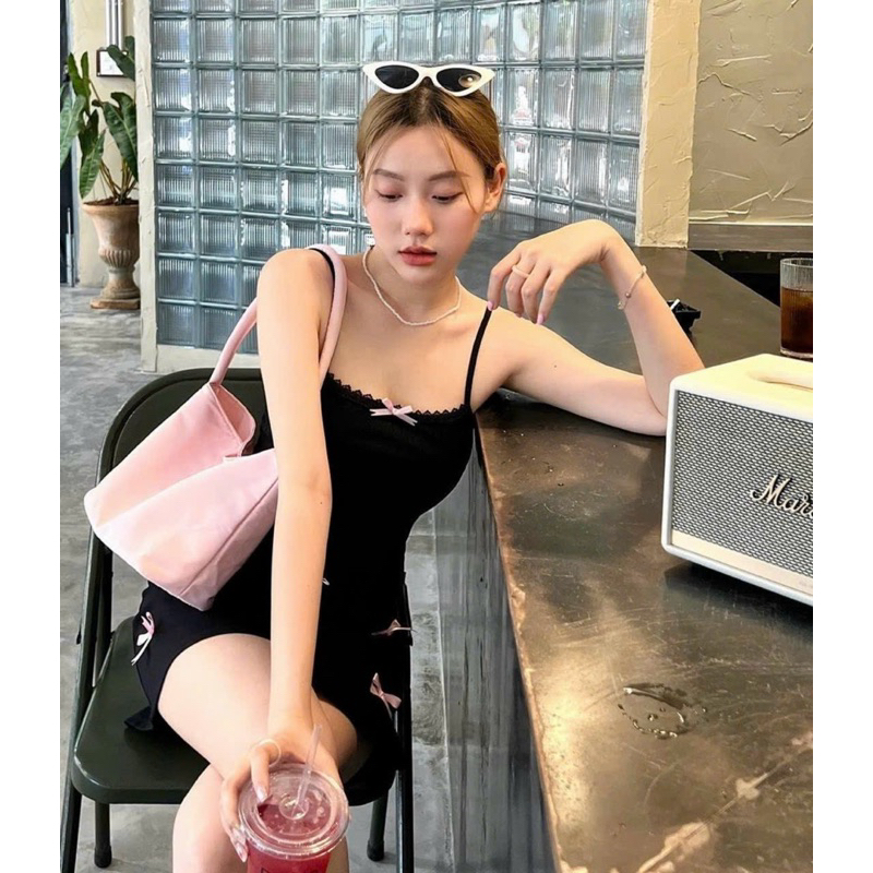 Set Đen Đính Nơ Hồng Kèm Áo Khoác Hàng Thiết Kế Loại 1