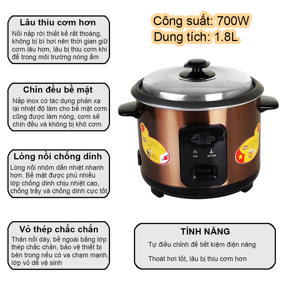 [Chính hãng] Nồi cơm điện nắp rời 1.8L Ladomax HA-7118 lòng nhôm chống dính, dùng cho 4 - 6 người ăn