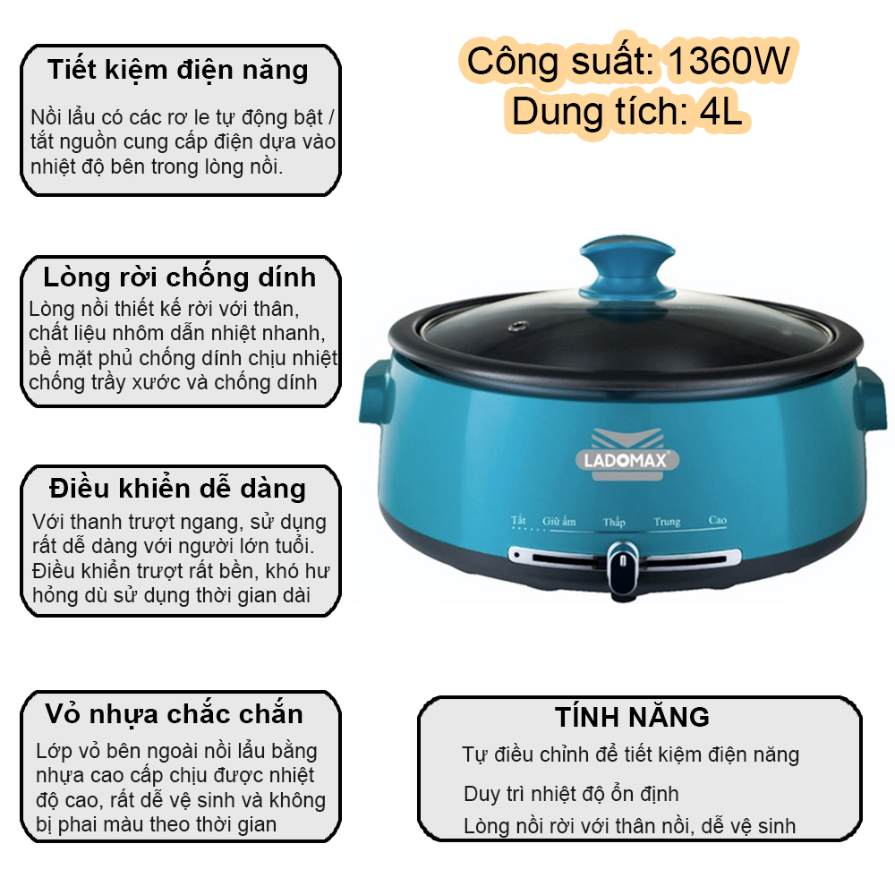 Nồi lẩu điện 4L Ladomax HA-238 thiết kế lòng nhôm rời chống dính dễ vệ sinh, điều khiển cơ nhiều mức nhiệt