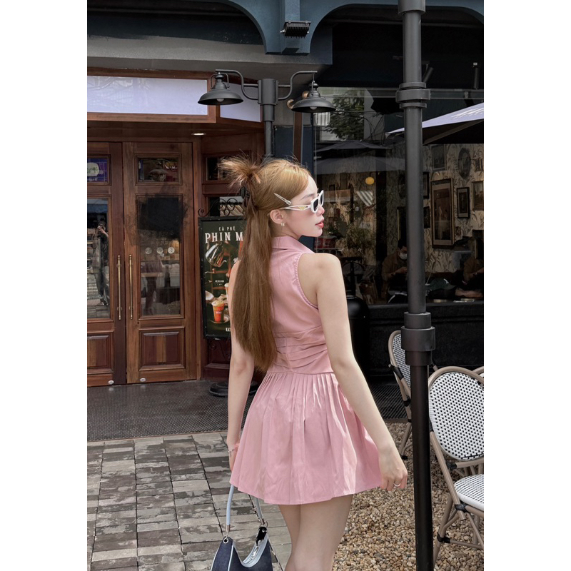 Đầm sơ mi xếp ly nhún eo