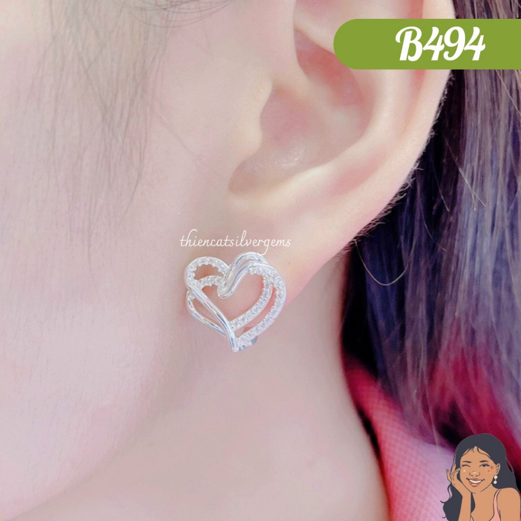 B494 Bông tai khoen bật hai trái tim gắn kết đính đá Bạc thật Thiên Cát s950