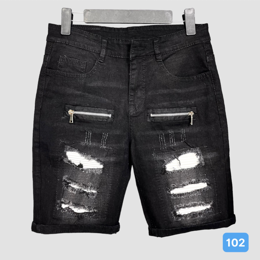 Quần Short Lửng Nam Màu Đen Xám OBOKFASHION phối dây kéo vá da có lớp lót, Quần Bò Ngố Nam Thời Trang Cao Cấp QSN102